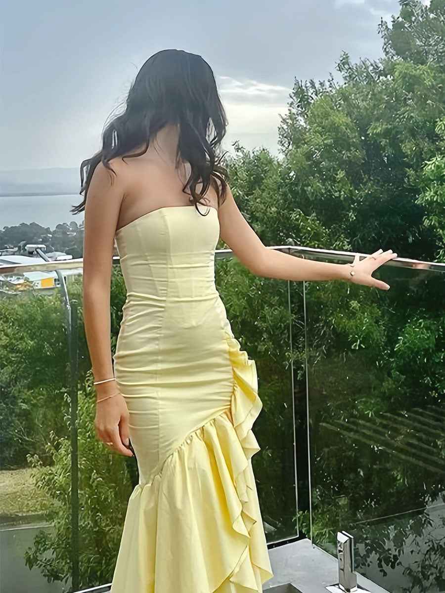 Elegant Pale Yellow Strapless Satin Prom Dress With High Slit