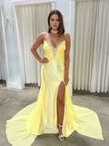 Yellow Strapless Crystal Plunge Satin Prom Dress With Slit