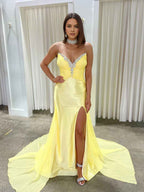 Yellow Strapless Crystal Plunge Satin Prom Dress With Slit