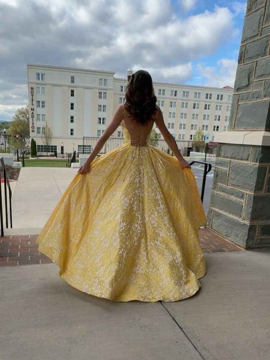 Yellow Strapless Embroidery Print A Line Long Prom Dress