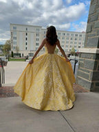 Yellow Strapless Embroidery Print A Line Long Prom Dress