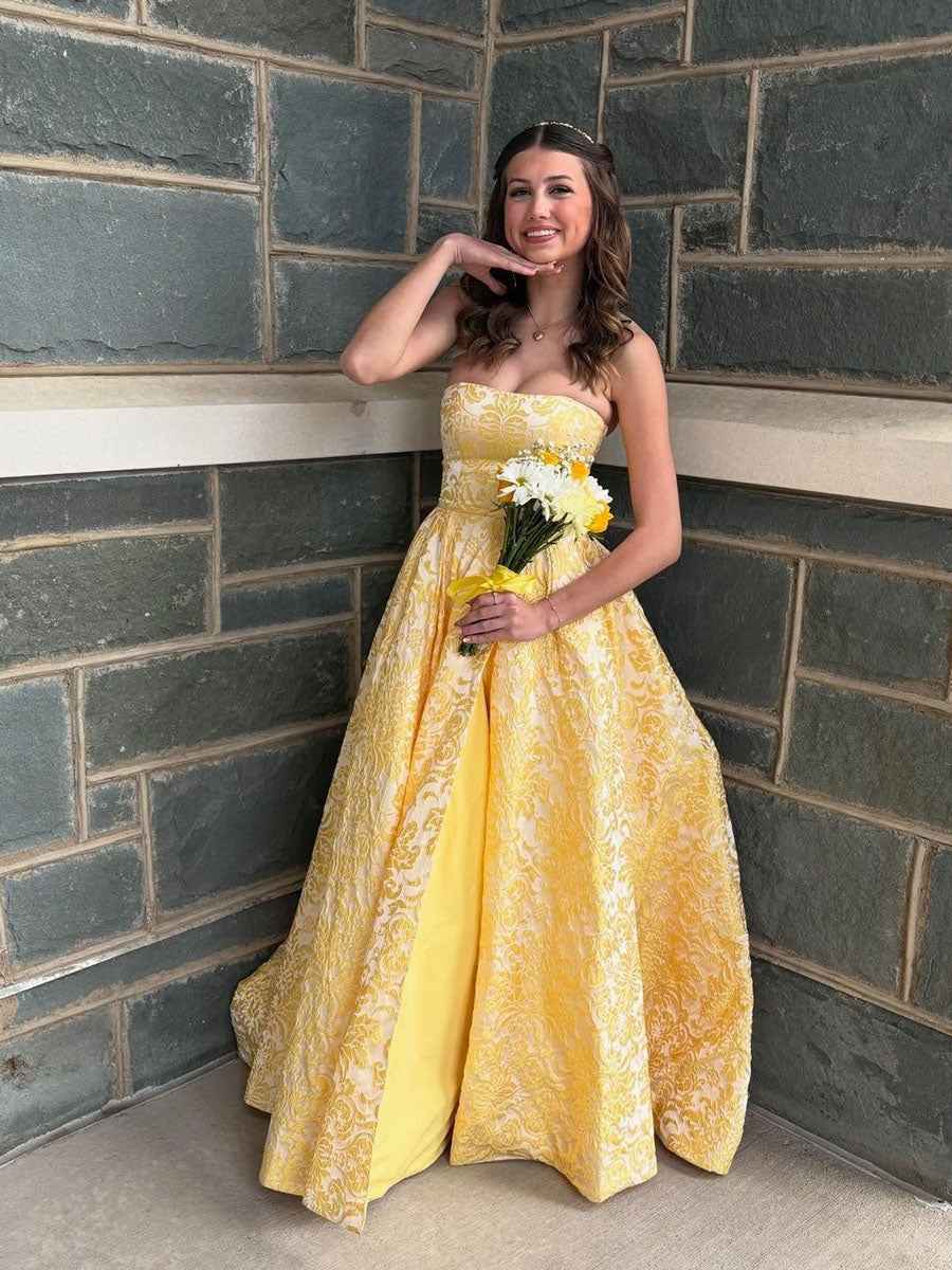 Yellow Strapless Embroidery Print A Line Long Prom Dress