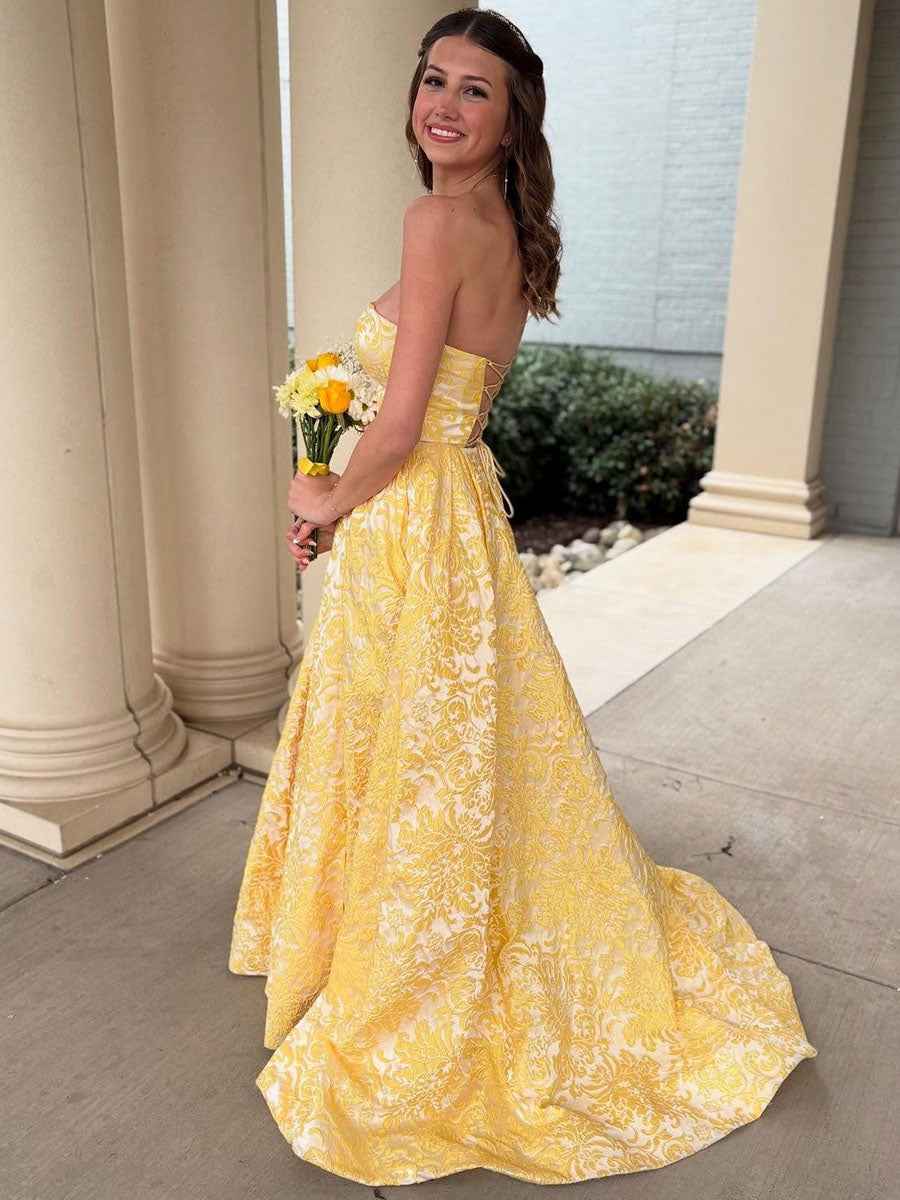 Yellow Strapless Embroidery Print A Line Long Prom Dress