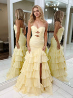 Pastel Yellow Strapless Mermaid Prom Dress Ruching Cutout Tiered Slit