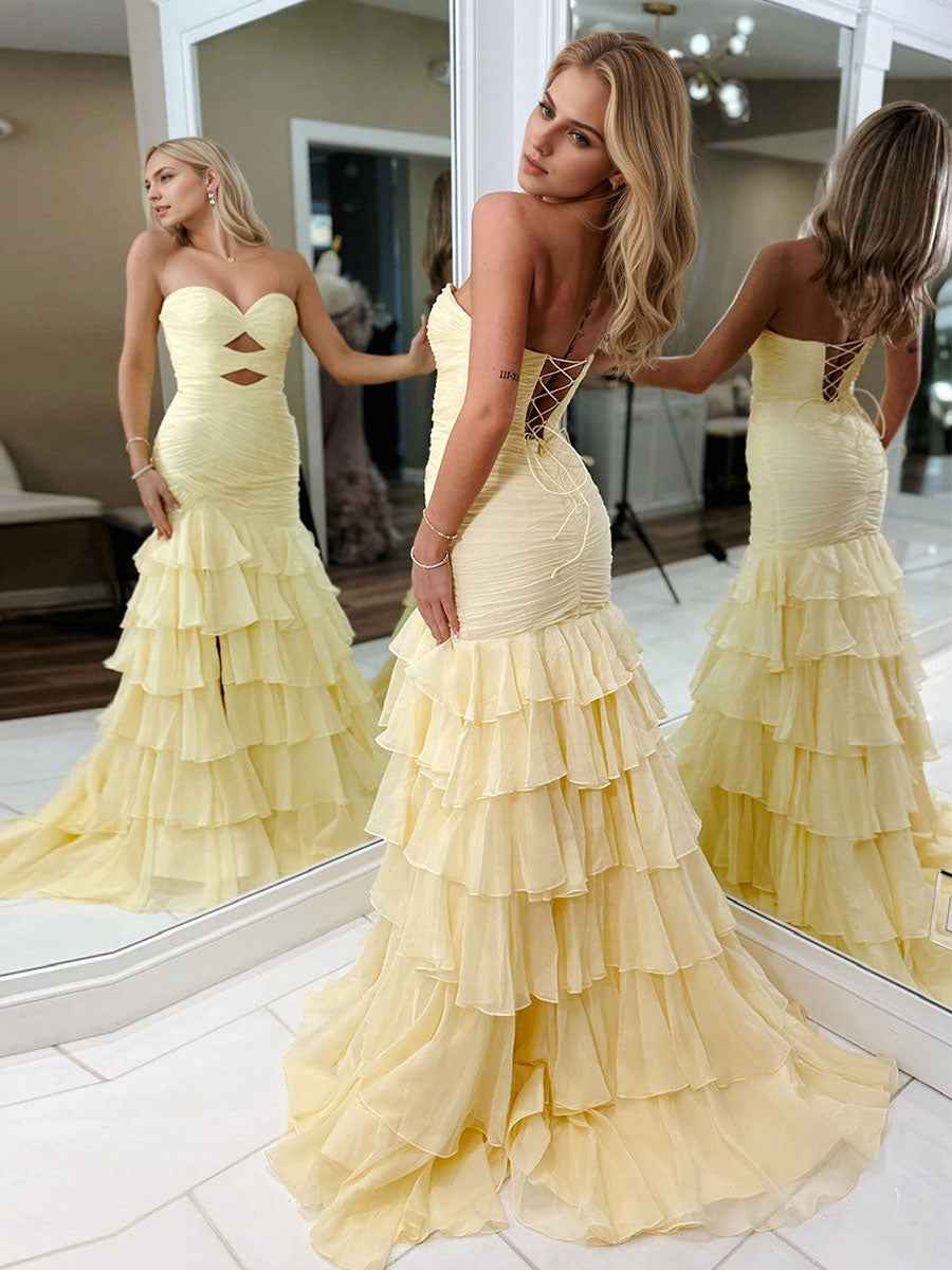 Pastel Yellow Strapless Mermaid Prom Dress Ruching Cutout Tiered Slit