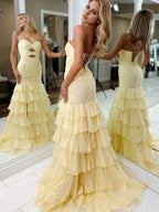 Pastel Yellow Strapless Mermaid Prom Dress Ruching Cutout Tiered Slit