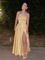 Yellow Strapless Satin A Line Long Prom Dress Elegant Silhouette