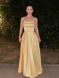 Yellow Strapless Satin A Line Long Prom Dress Elegant Silhouette