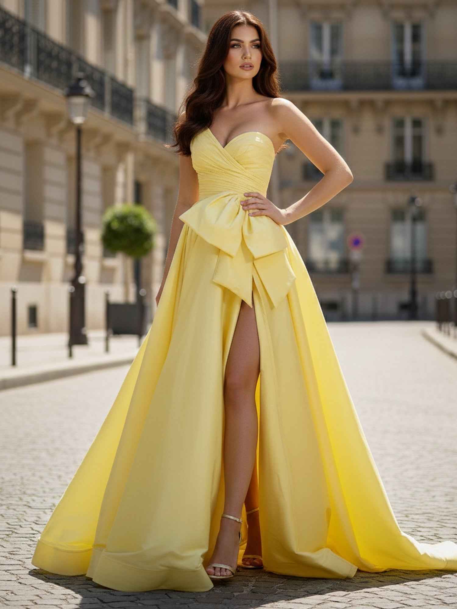Yellow Strapless Satin Prom Dress With Dramatic Bow High Slit