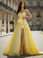 Yellow Strapless Satin Prom Dress With Dramatic Bow High Slit