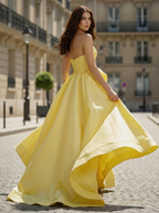 Yellow Strapless Satin Prom Dress With Dramatic Bow High Slit