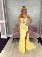 Yellow Strapless Sweetheart Lace Prom Dress With Keyhole Cutout