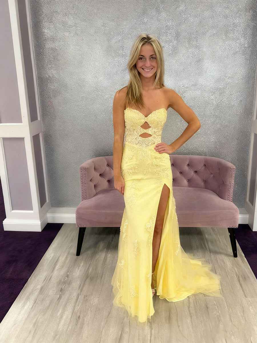 Yellow Strapless Sweetheart Lace Prom Dress With Keyhole Cutout