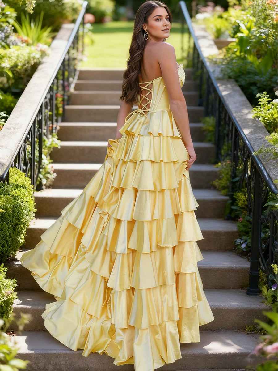 Yellow Strapless Tiered Ruffle Corset Prom Dress With Slit