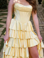 Yellow Strapless Tiered Ruffle Corset Prom Dress With Slit