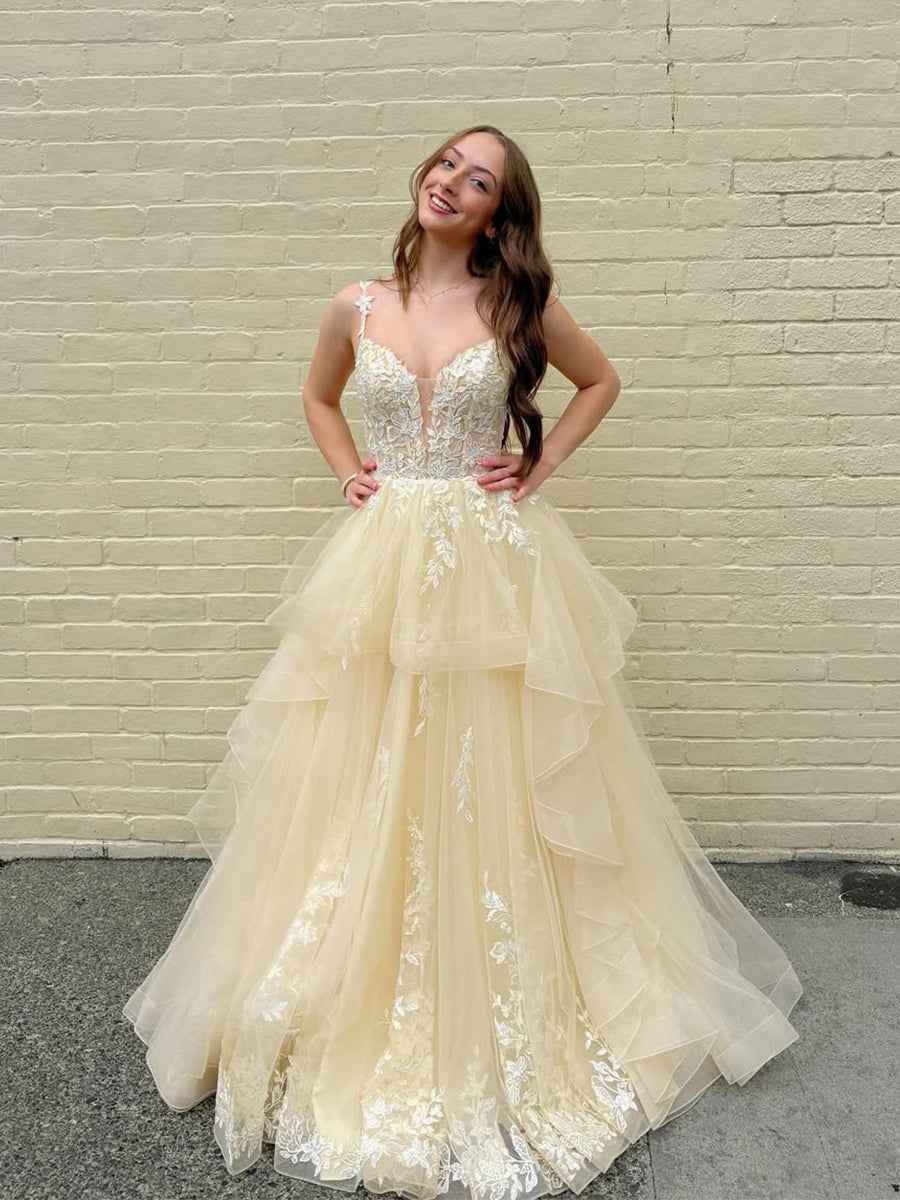 Yellow Tiered Tulle Long Prom Dress With Floral Lace Bodice