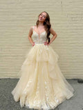 Yellow Tiered Tulle Long Prom Dress With Floral Lace Bodice