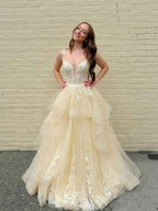 Yellow Tiered Tulle Long Prom Dress With Floral Lace Bodice