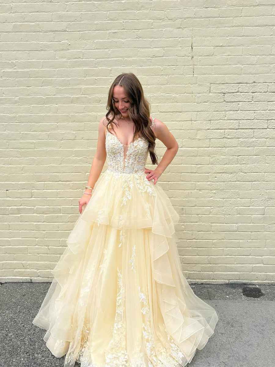 Yellow Tiered Tulle Long Prom Dress With Floral Lace Bodice