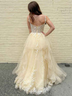 Yellow Tiered Tulle Long Prom Dress With Floral Lace Bodice