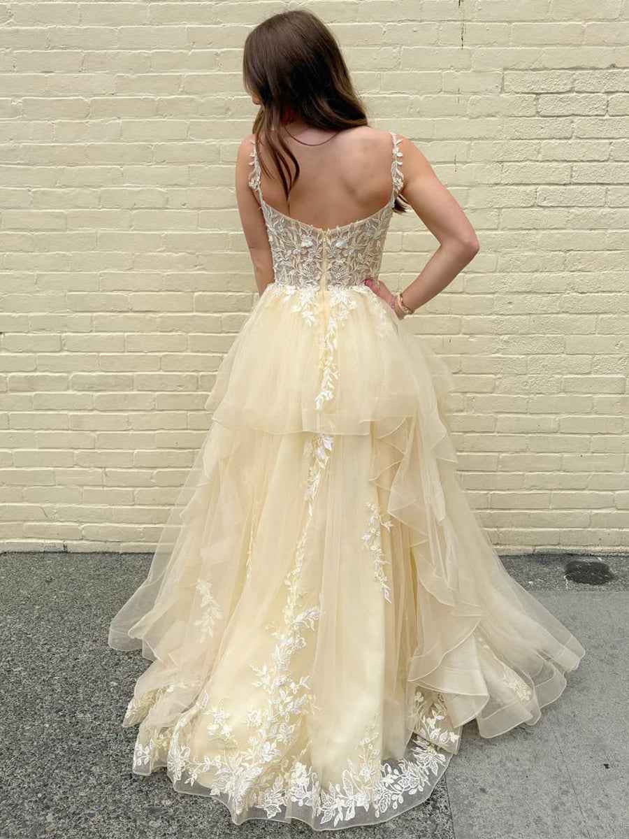 Yellow Tiered Tulle Long Prom Dress With Floral Lace Bodice