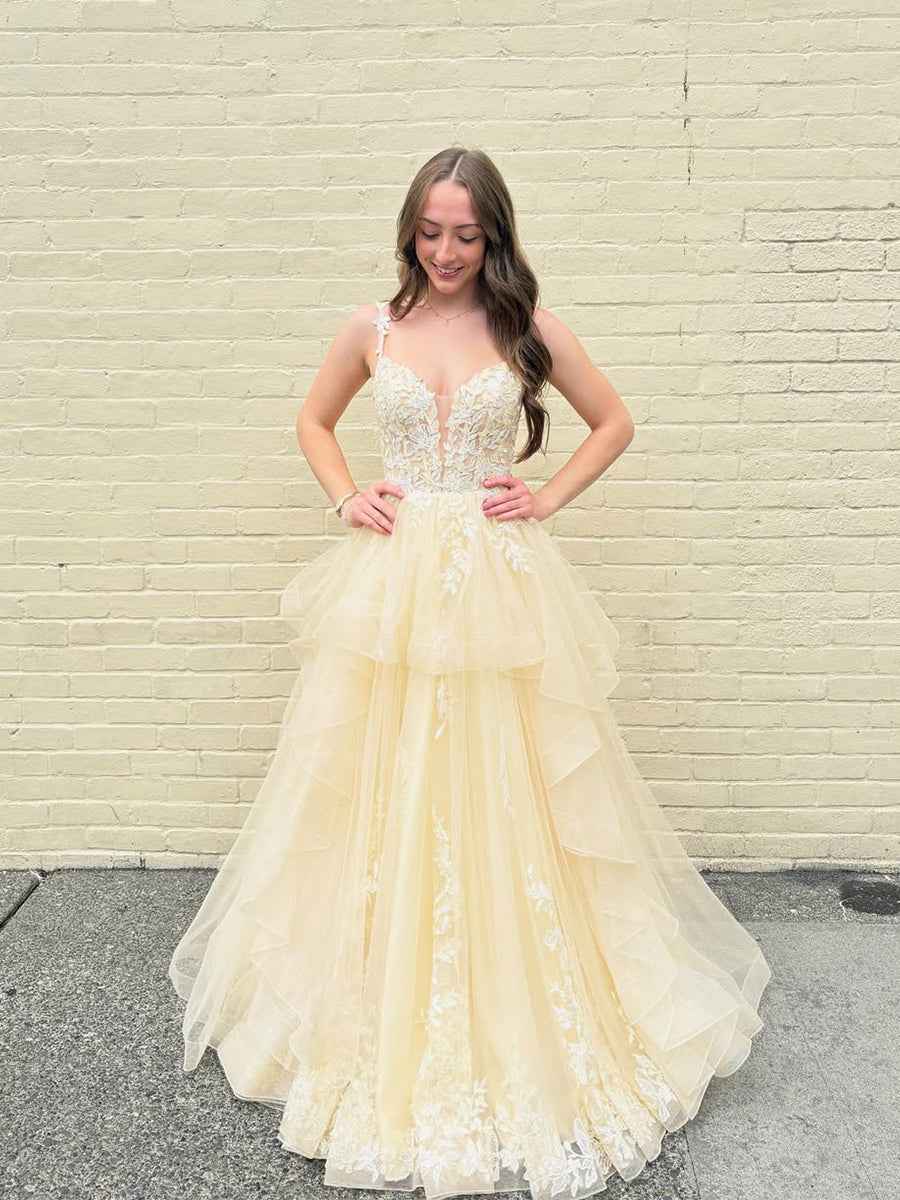Yellow Tiered Tulle Long Prom Dress With Floral Lace Bodice
