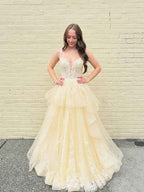 Yellow Tiered Tulle Long Prom Dress With Floral Lace Bodice