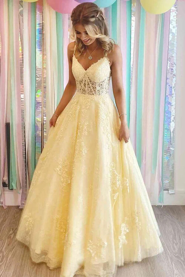 Yellow Tulle A-line V-neck Lace Appliques Prom Dresses, Long Formal Dress