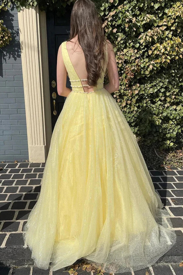 Yellow Tulle A-line V-neck Long Prom Dresses With Belt, Evening Dresses