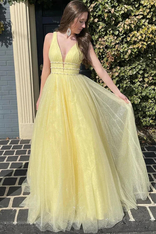 Yellow Tulle A-line V-neck Long Prom Dresses With Belt, Evening Dresses