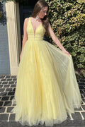 Yellow Tulle A-line V-neck Long Prom Dresses With Belt, Evening Dresses