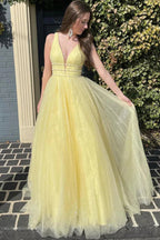 Yellow Tulle A-line V-neck Long Prom Dresses With Belt, Evening Dresses