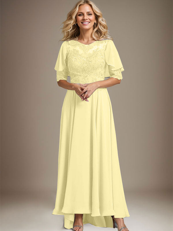 Robe de mère de la mariée en mousseline et dentelle asymétrique à encolure dégagée en ligne A avec perles