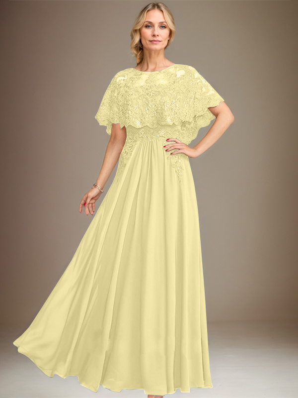 Robe de mère de la mariée en mousseline de soie à dentelle, longueur au sol, en ligne A, col bateau, ornée d'appliques à paillettes
