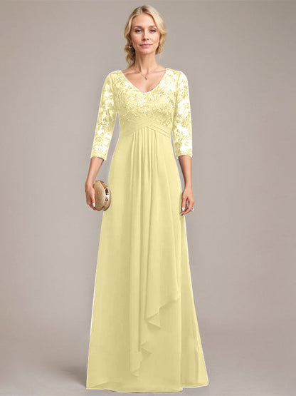 Vestido de madre de la novia de gasa con encaje, escote en V, largo hasta el suelo, con volantes en cascada y lentejuelas 