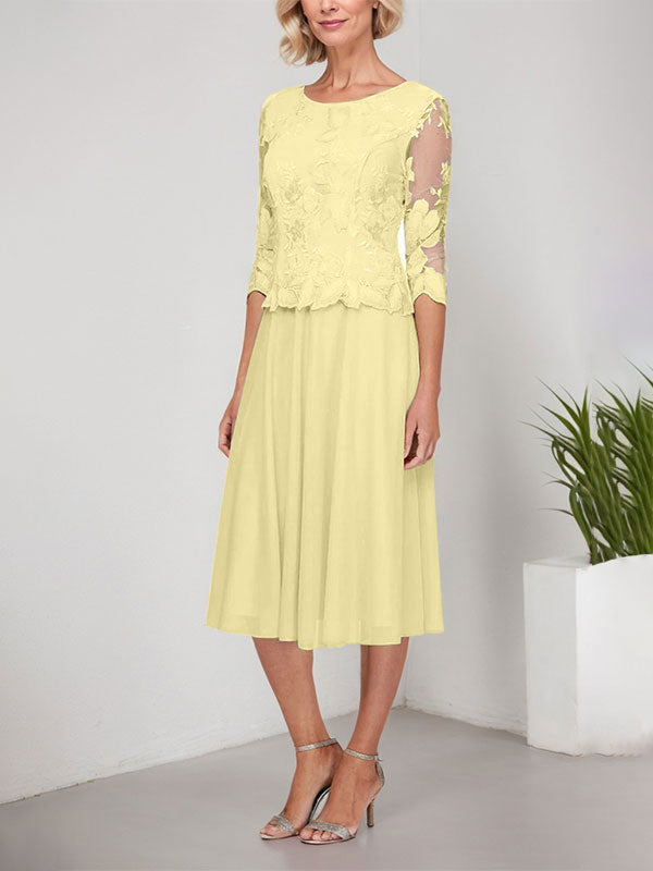A-Linie U-Ausschnitt Wadenlang Spitzen Chiffon Mutter der Braut Kleid mit Stickerei 