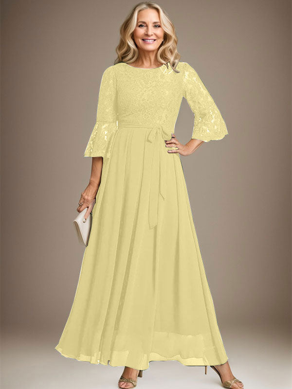Robe de mère de la mariée en mousseline de soie à dentelle, longueur cheville, en forme trapèze avec encolure dégagée et nœud