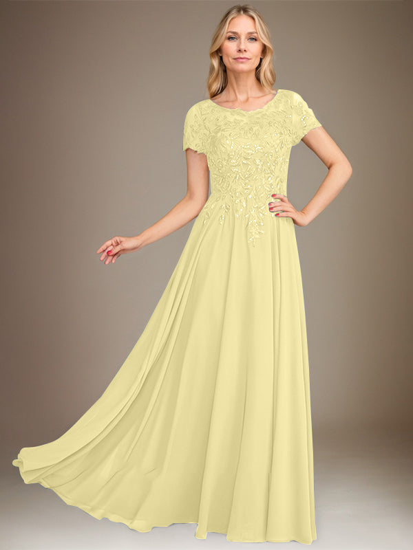 Robe de mère de la mariée en mousseline, longueur au sol, coupe en A, décolleté arrondi, ornée d'appliques et de paillettes