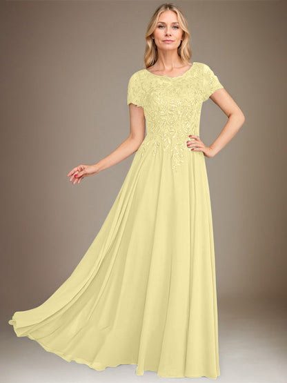 Vestido de gasa para madre de la novia, corte A, largo hasta el suelo, con apliques y lentejuelas 