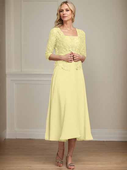 A-Linie Quadratisches Wadenlanges Chiffon-Spitzenkleid für die Brautmutter mit Pailletten und Perlen 