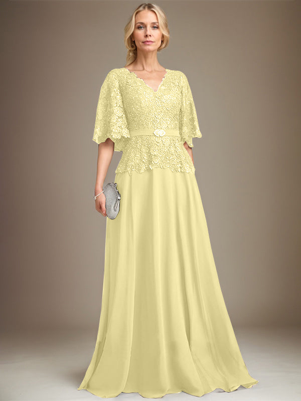 A-Linie V-Ausschnitt Bodenlang Chiffon Spitze Mutter der Braut Kleid Mit Kristall Brosche Strass 