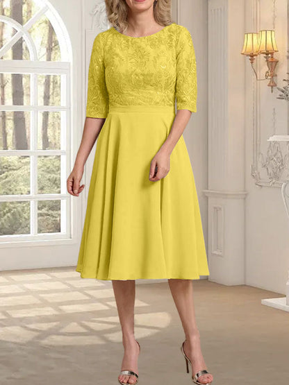 A-Linie U-Ausschnitt Knielang Chiffon Spitzenkleid für die Brautmutter