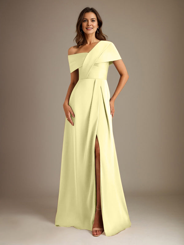 Robe de mère de la mariée en satin, longueur au sol, encolure asymétrique en ligne A avec plis