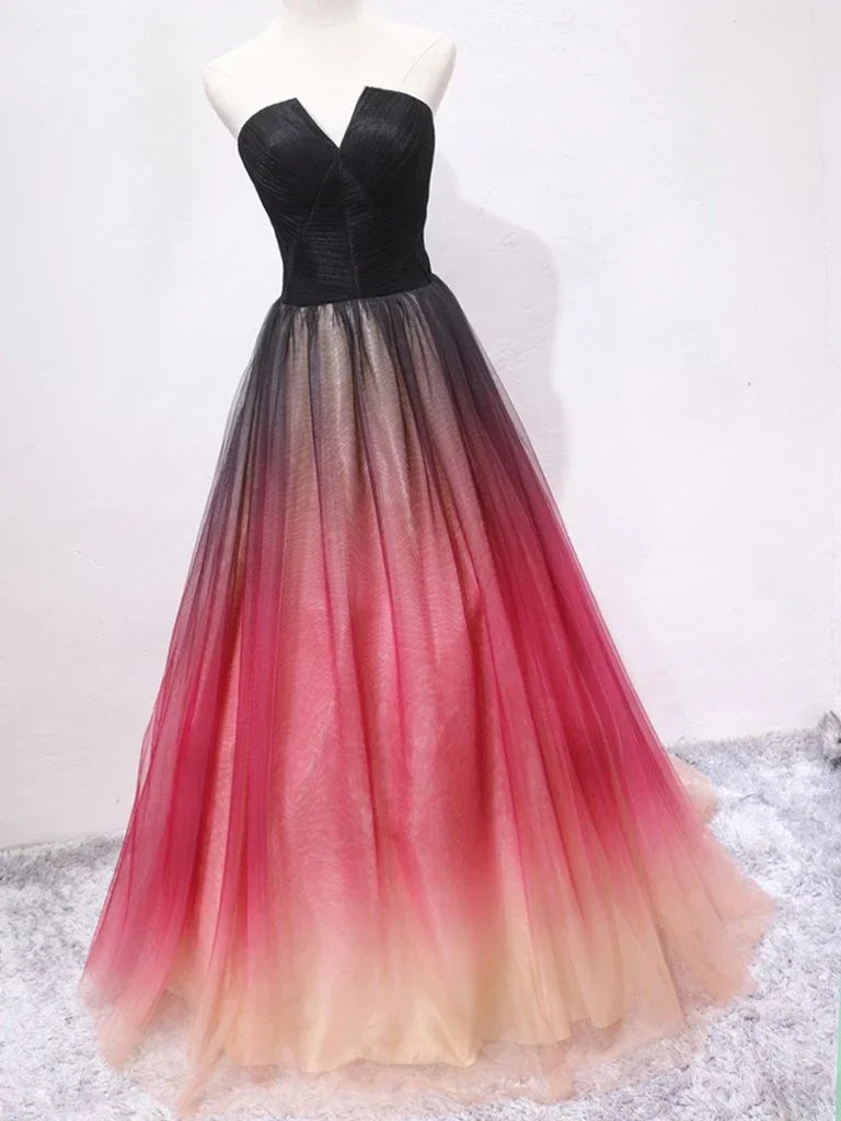 Vestidos longos de baile de finalistas com decote em V, costas abertas, corte evasê e efeito ombré, Vestidos longos formais de cerimónia com efeito ombré Y1826