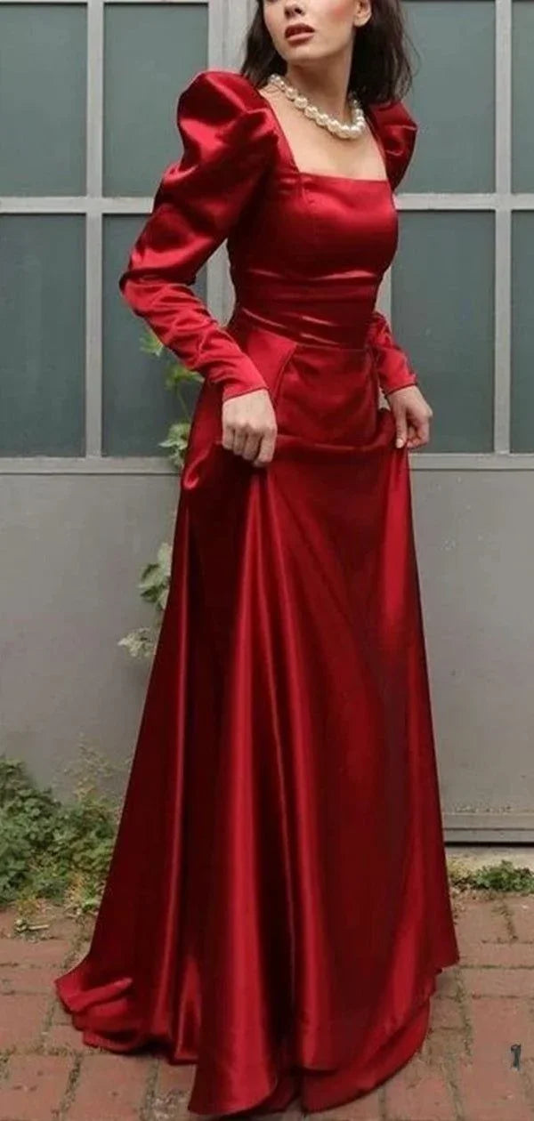 Vestido de fiesta elegante de satén rojo con escote cuadrado y corte en línea A Y7855