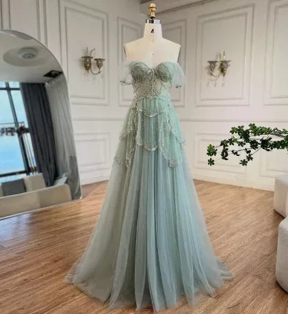 Abito da sera formale verde salvia a linea ad A con spalle scoperte, tulle e perline, abito da ballo Y8157