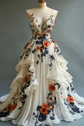 Vestido largo de fiesta y de noche con apliques elegantes de gasa marfil Y8329