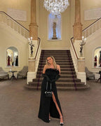 Robe de soirée noire élégante en plumes Robe de cérémonie noire fendue Y6391