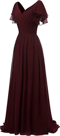 Vestido de Dama de Honra com Mangas em Folha, Decote em V, Chiffon, Longo, Formal, para Casamento e Noite Y1206