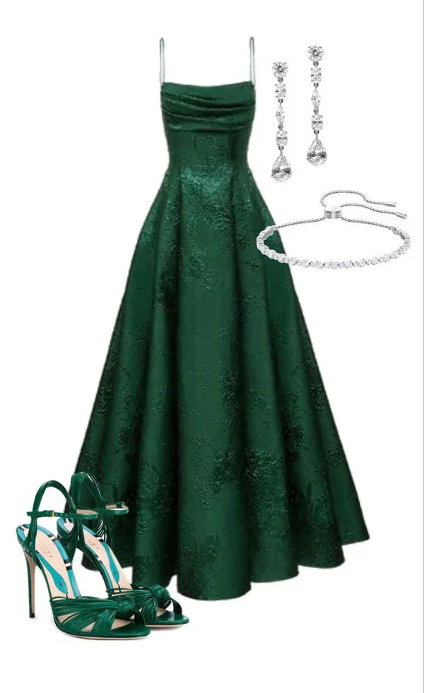 Vestido de Festa Verde Esmeralda em Linha A com Alças Finas, Vestido Elegante para Noite Y1799